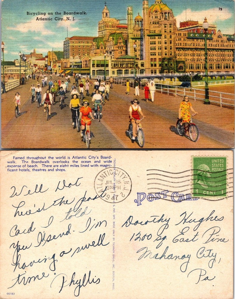 Bicycling on the Boardwalk Atlantic City New Jersey Postcard