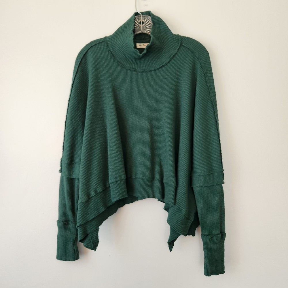 We The Free Moon Daisy Thermal Top Women L Green Waffle Knit High Neck Oversized