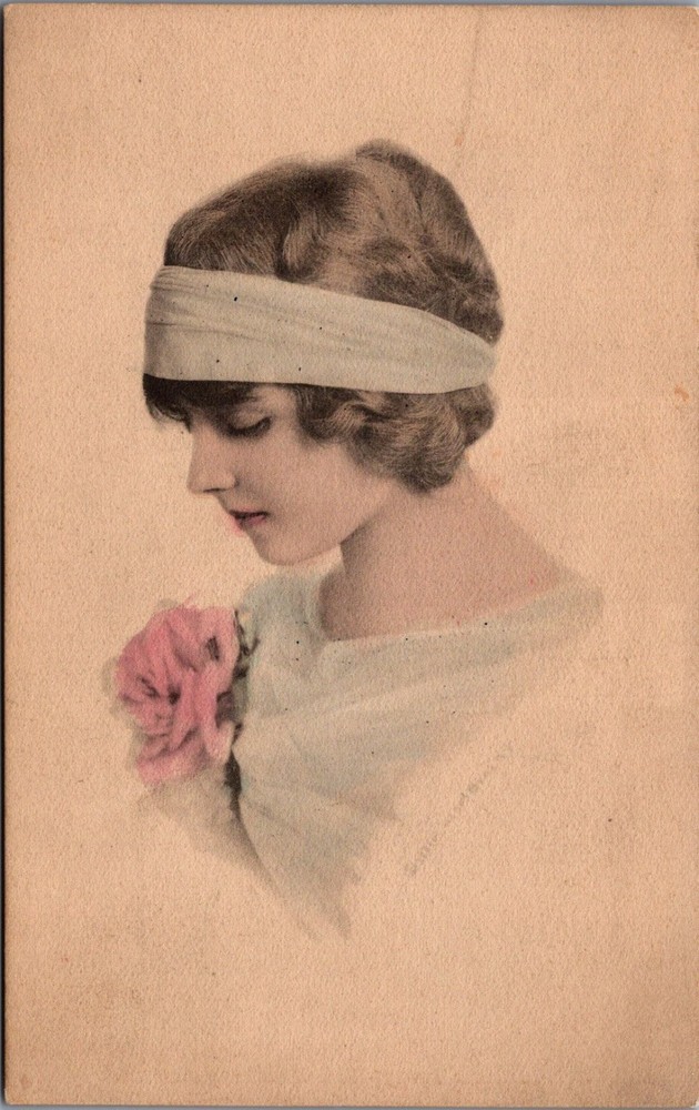 1910s Schlesinger Bros Portrait Postcard Woman Flapper Headband Pink Rose Art