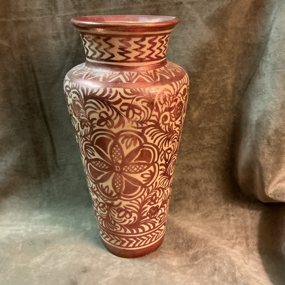 Antique Hispano Moresque Copper luster made Spain hand decorated floral Vase