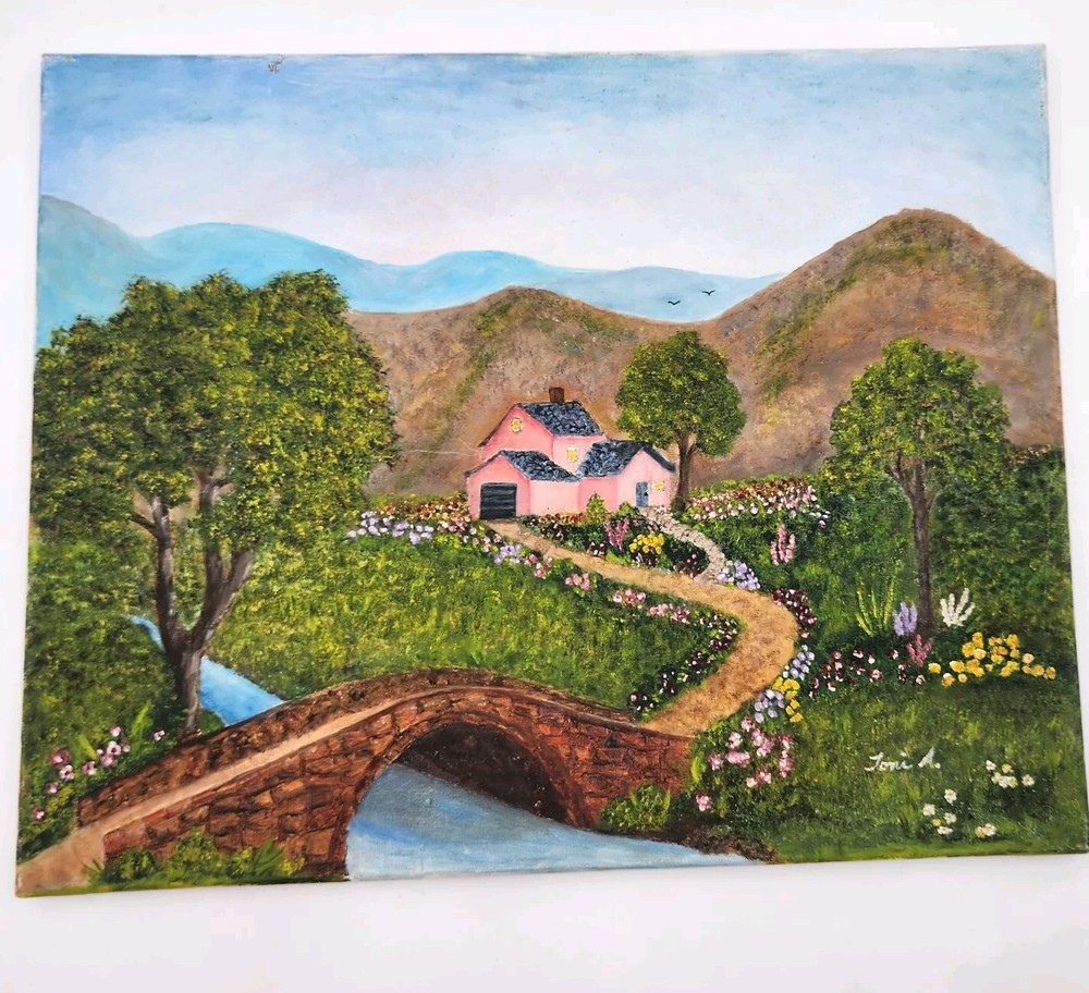 Toni A. Painting Landscape House Woods Bridge Original Signed Folk Art 20