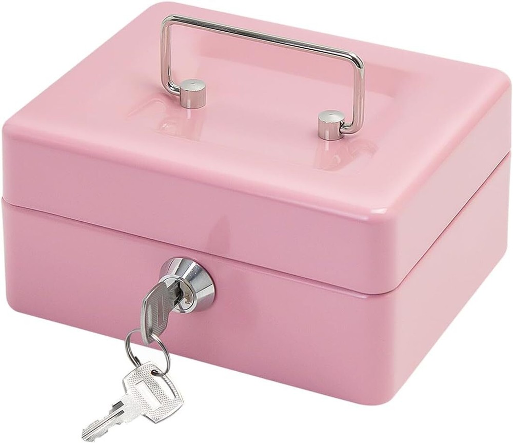 Steel Cash Box with Key Lock, Metal Small Money Pink - 5.9
