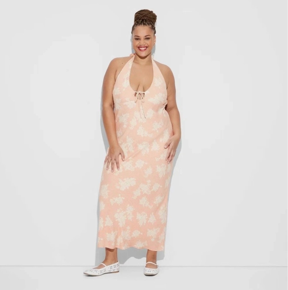Wild Fable Women's Maxi Sundress Melon Pink Floral XXL Halter Neck NWT