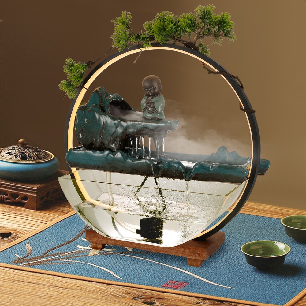 Tabletop Natural Fountain Fish Tank LED Light Ring With Mist Make & Water Pump