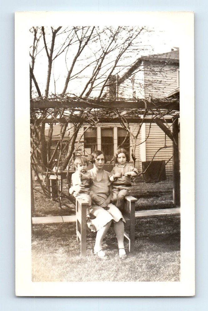 Old Vintage Photo WOMAN BOY AND GIRL SITTING ON ARM REST OF CHAIR OUTSIDE