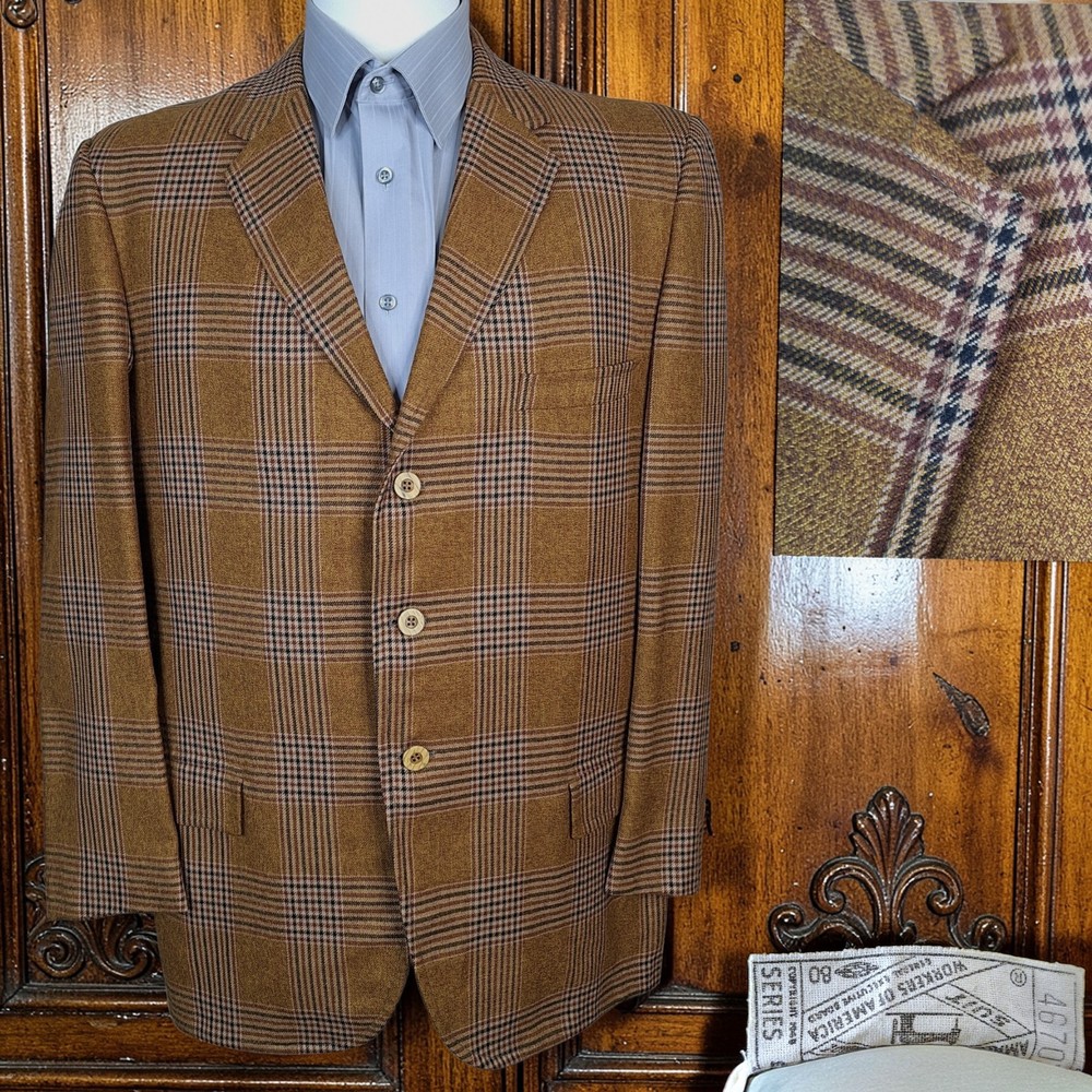 1960s Noble Manor Sport Coat Mens 42R Brown Plaid Soft Tweed