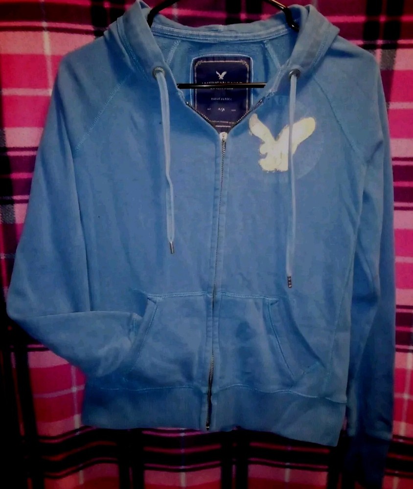 American Eagle Hoodie Jacket Womens Small Full zip Blue Factory Distressed