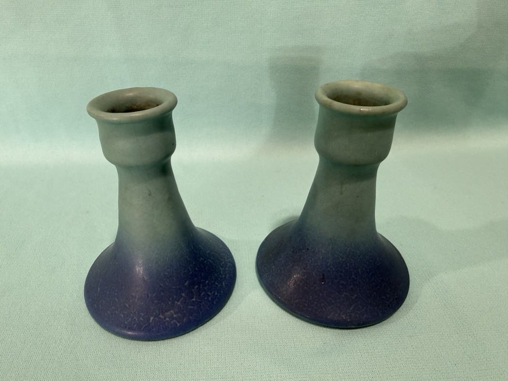 Vintage Van Briggle Ming Blue Art Pottery Candlestick Holders Pair 4.5 Inches