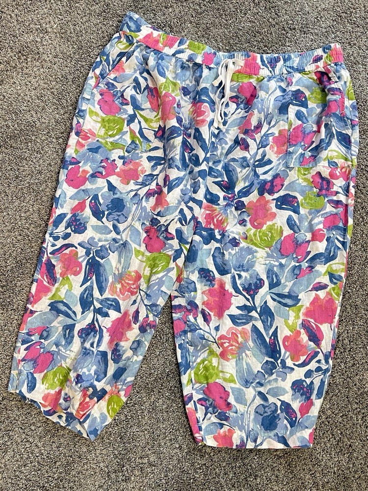 Coral Bay Woman 2x Crop Pants Blue Floral Capri Linen Blend Wide Leg Coastal