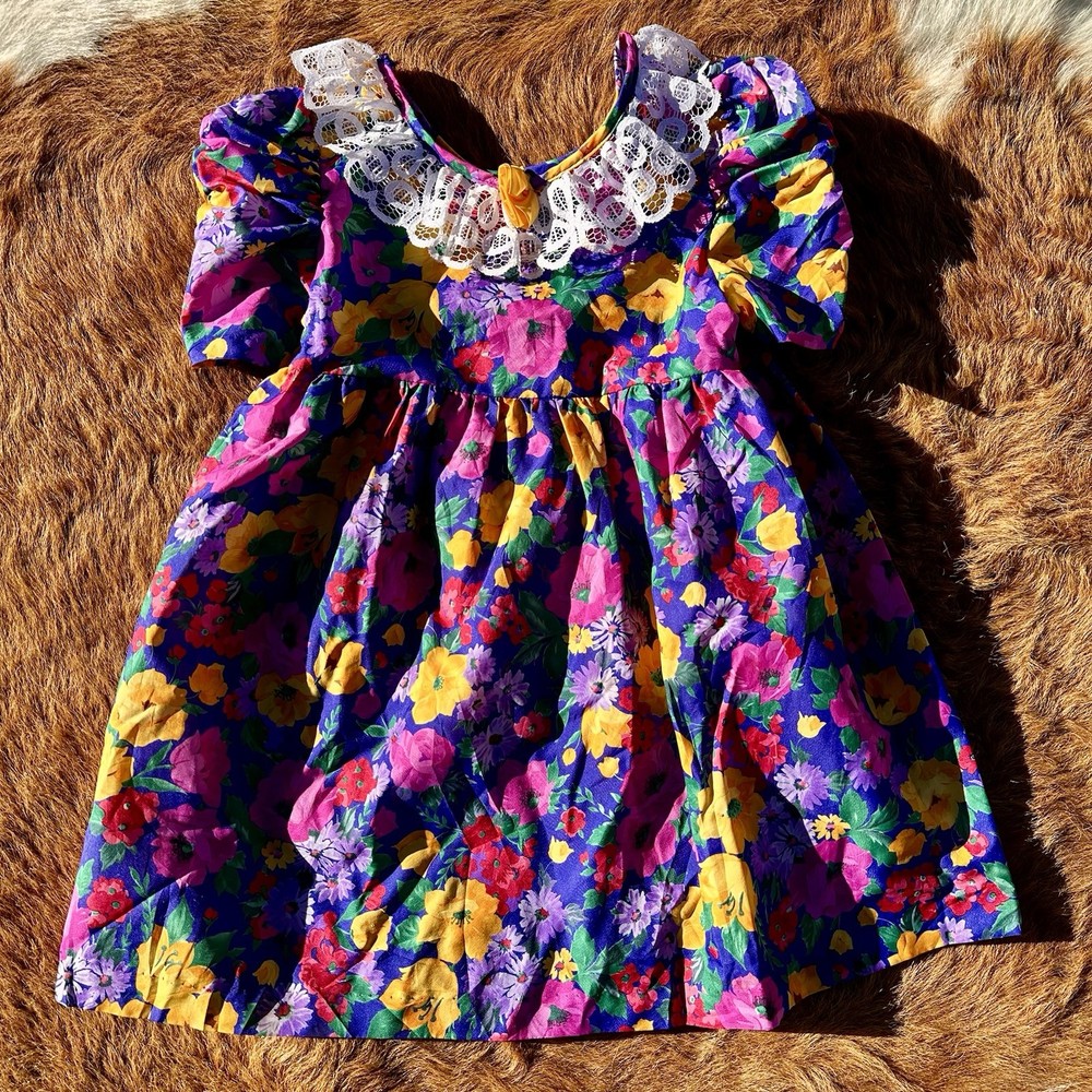 Vintage 80s 90s Cuddle Teen Dress Floral Collar Lace Union USA 6X Toddler Party
