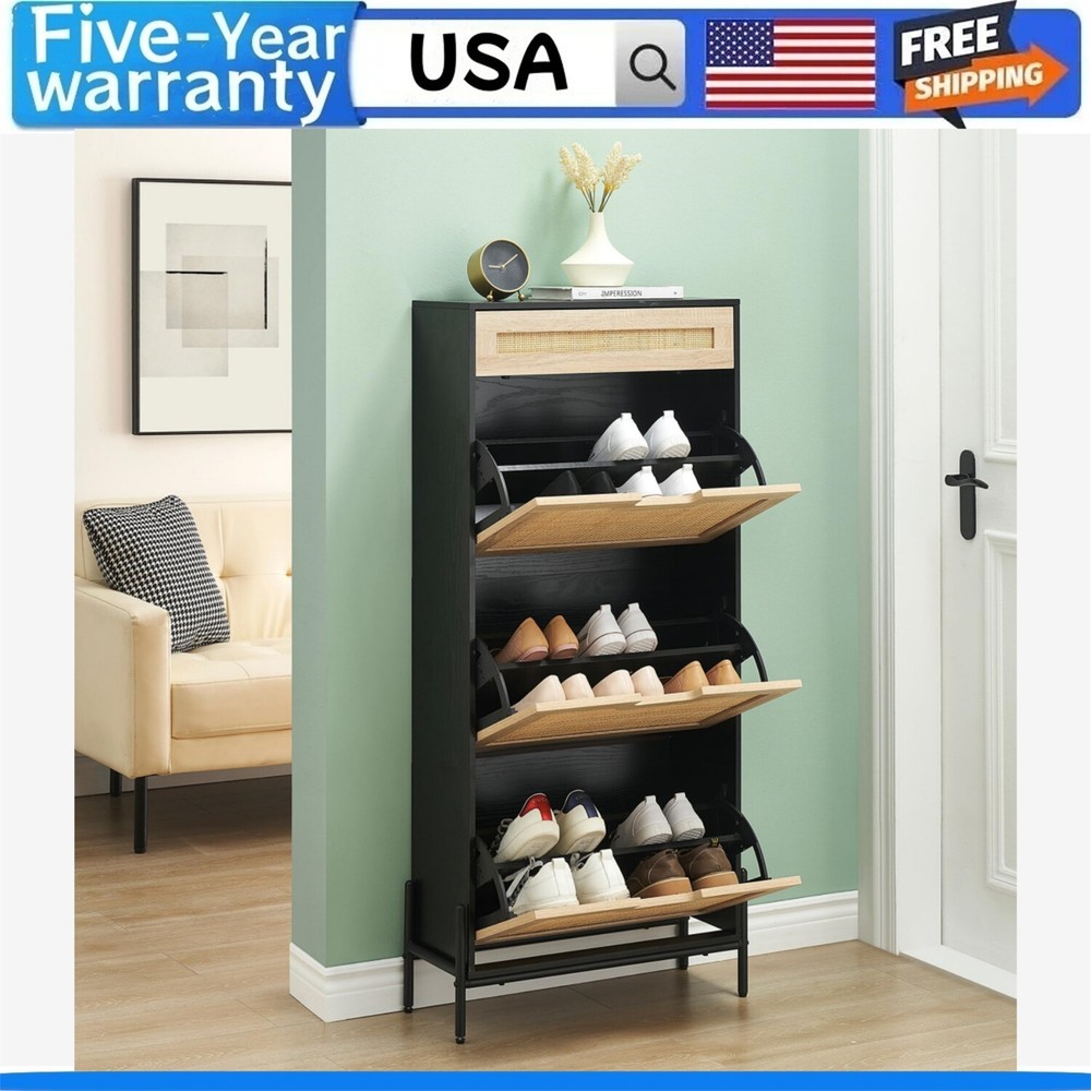 💹Rattan 3 Flip Drawer Shoe Cabinet Shoe Cabinet for Entryway Adjustable Shelves