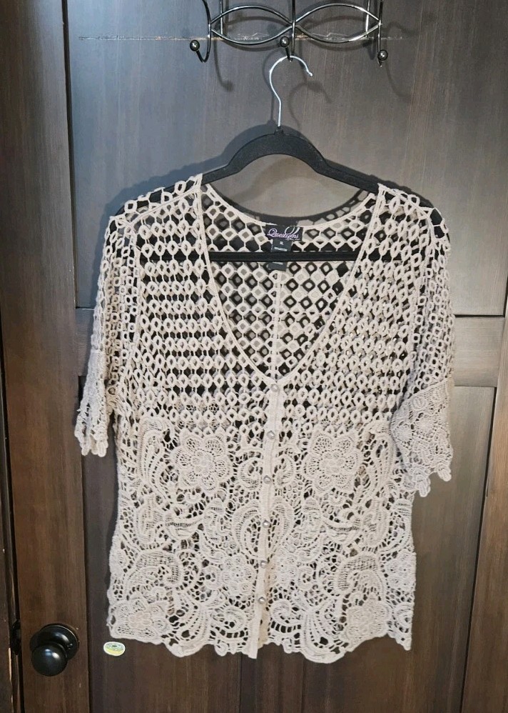 EUC Women's Brown Boho Crochet Open Knit SS Festival Beach Blouse Top Size XL