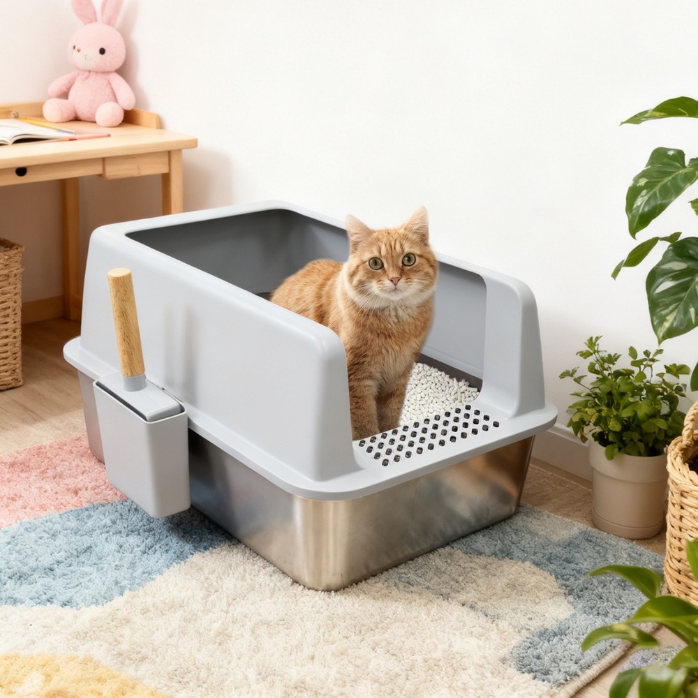 XL Stainless Steel Cat Litter Boxes High Sided Open Litter Pan with Scoop & Mat