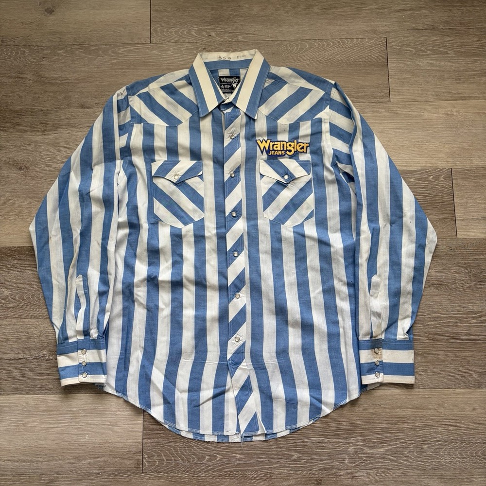 Vintage 80s Wrangler Pearl Snap Patch Cowboy Cut Western Shirt Large Striped USA