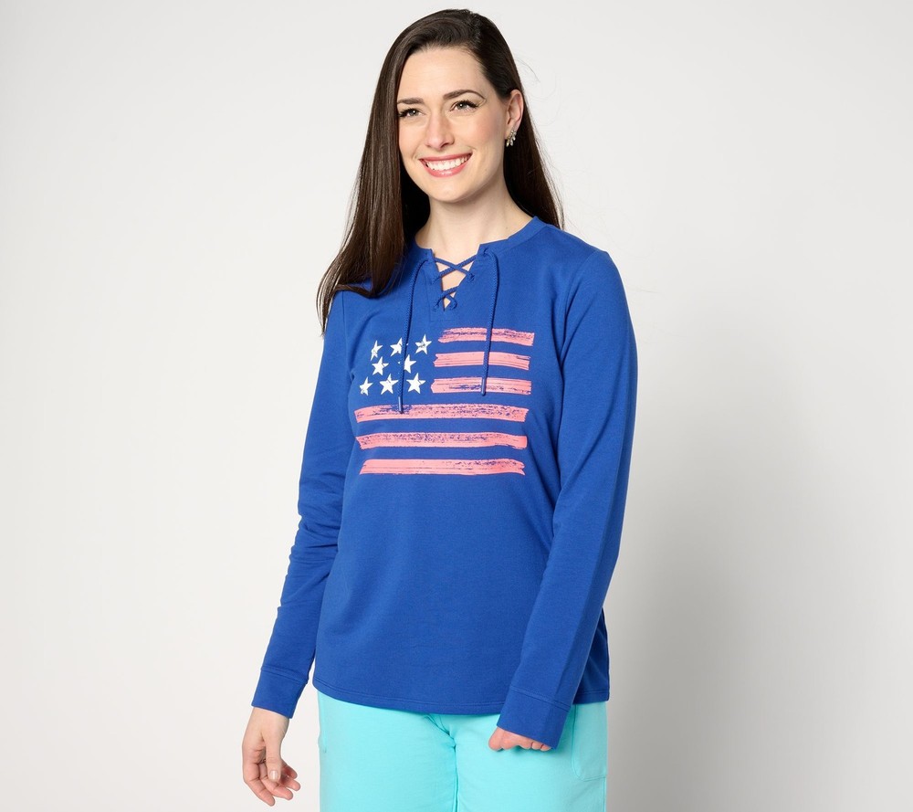 Denim & Co. Women's Top Sz 2XS (XXS) Active Americana Flag French Blue A648427