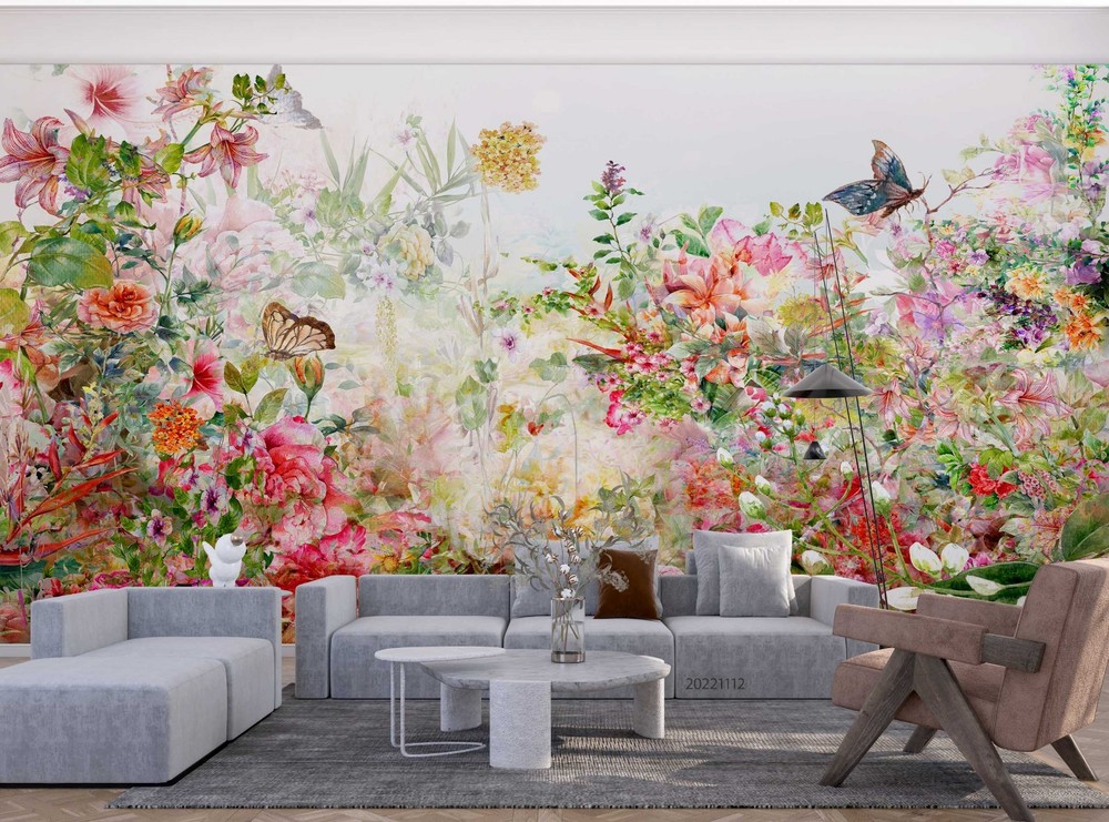 3D Flowers Butterflies Watercolor Wall Murals Wallpaper Murals Wall Sticker