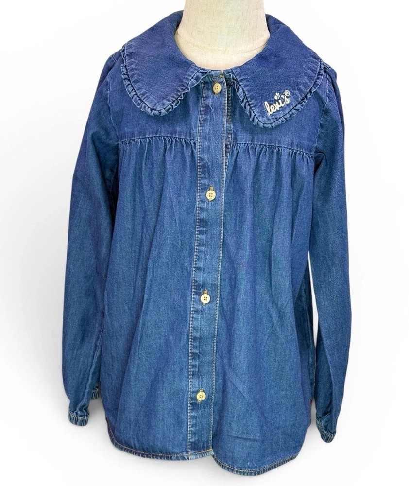Levi’s Girl’s Blue Denim Ruffled Collar Kids Button Up Long Sleeve Top Size 6-7