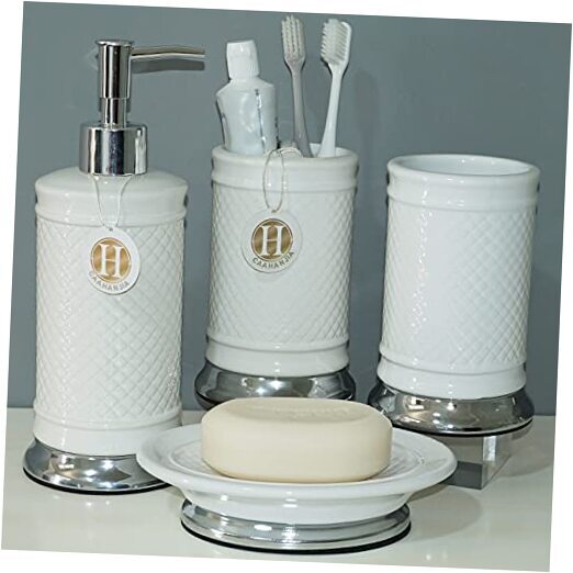 Bathroom Accessories Set 4 Pcs-Ceramic Gift Set Soap Dispenser Pump & White03