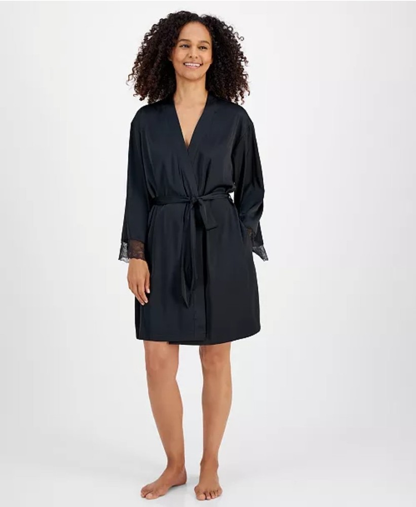 I.n.c. International Concepts Women Lace-Trim Stretch Satin Robe True Black XXL