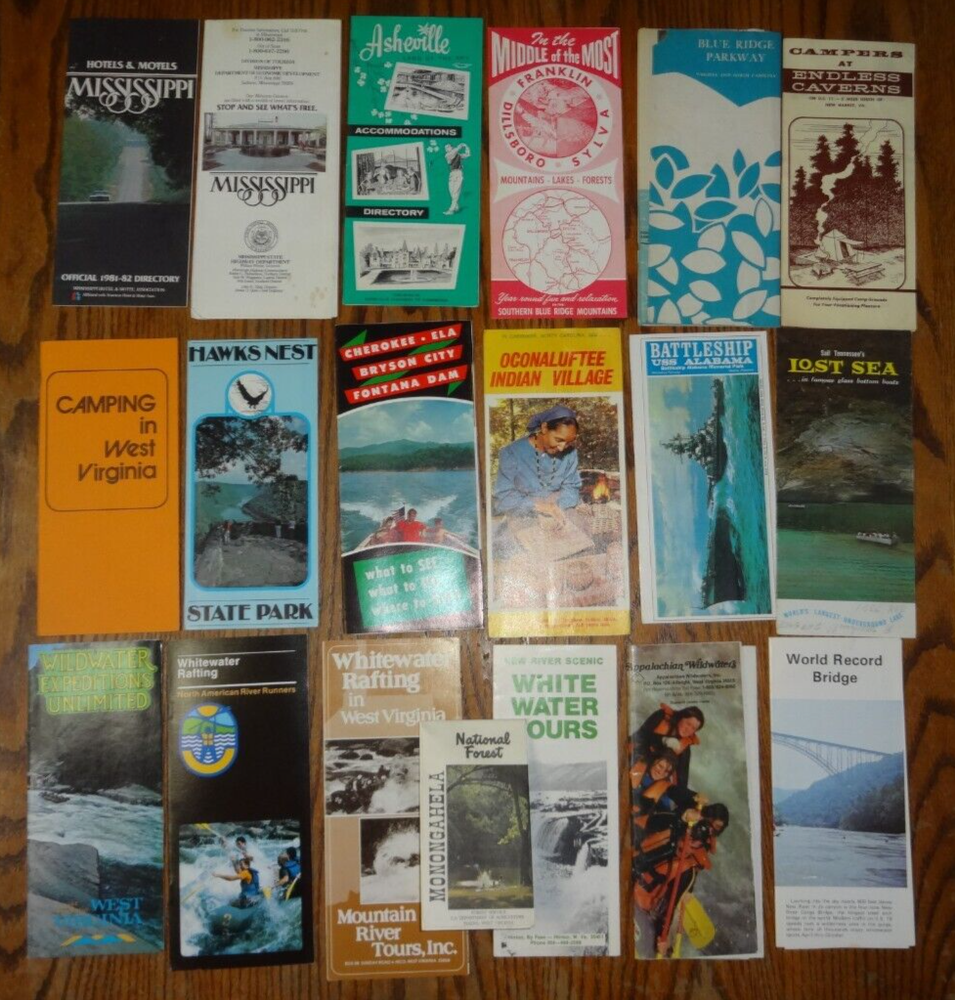 Vintage Travel Brochures Lot of 19 WV Whitewater Rafting Asheville NC TN MS