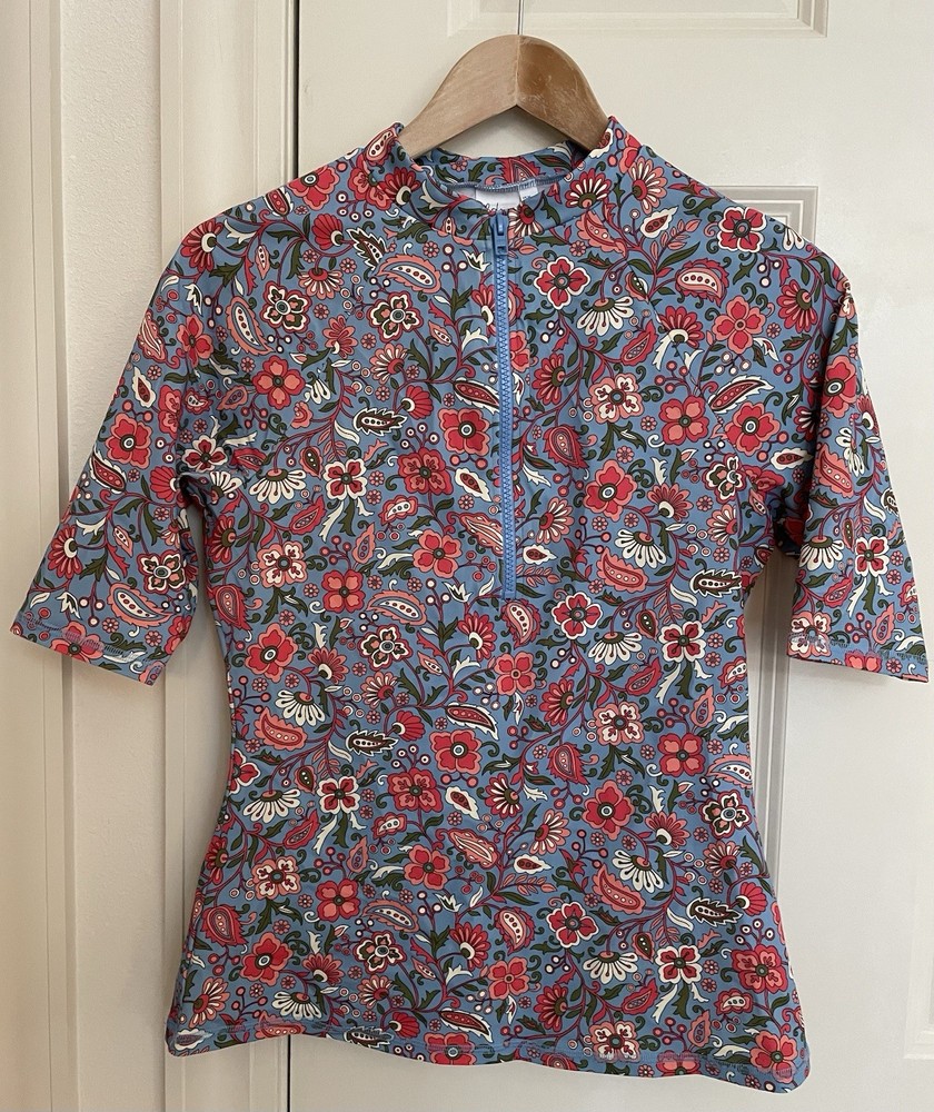 Boden Half Sleeve Floral Swim Top Rashguard  Sz 10 Med Zip Beach Boho Sun Surf
