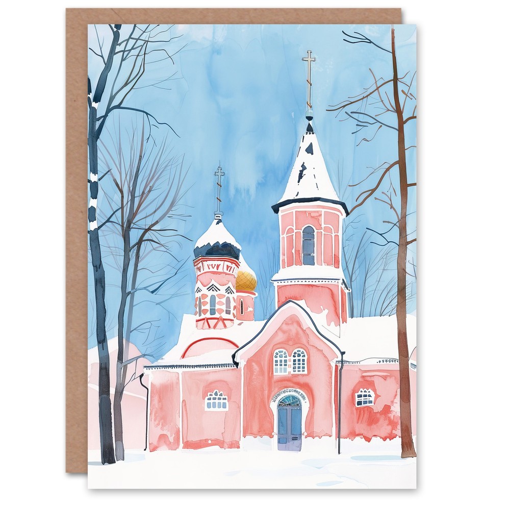 Greeting Card Pink Orthodox Church Ukraine Soft Watercolour Birthday