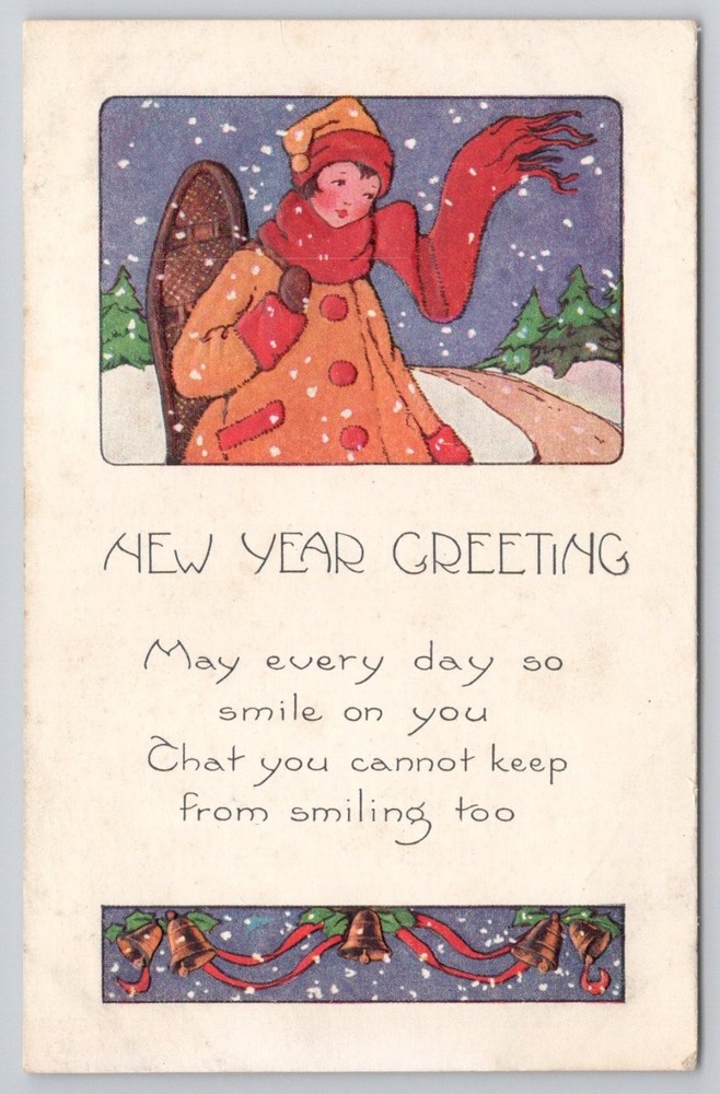 Whitney Made New Year Greeting Postcard Girl Sled Snow Embossed 1910s