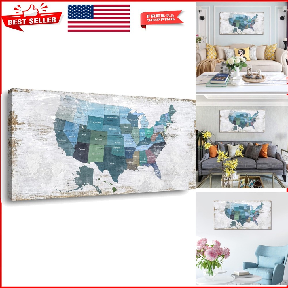 USA Map Wall Art Canvas – 20x40 Home Decor Gift for Art Lovers