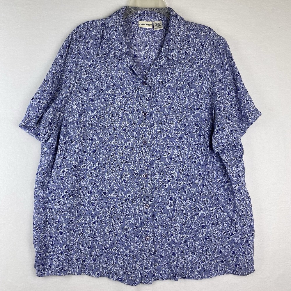 Cherokee Women’s Blue Floral Print Short Sleeve Button-up Shirt Size 1X Plus