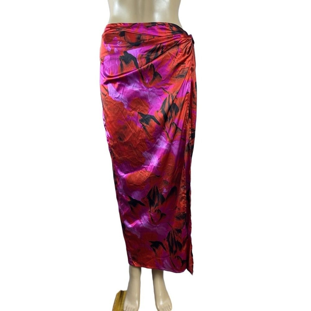 RUNAWAY Skirt Womens Size S Red Floral Draped Wrap Silky Vibrant