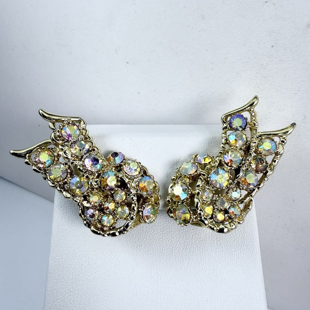 Vintage Aurora Borealis Rhinestone Gold Tone Clip on Earrings