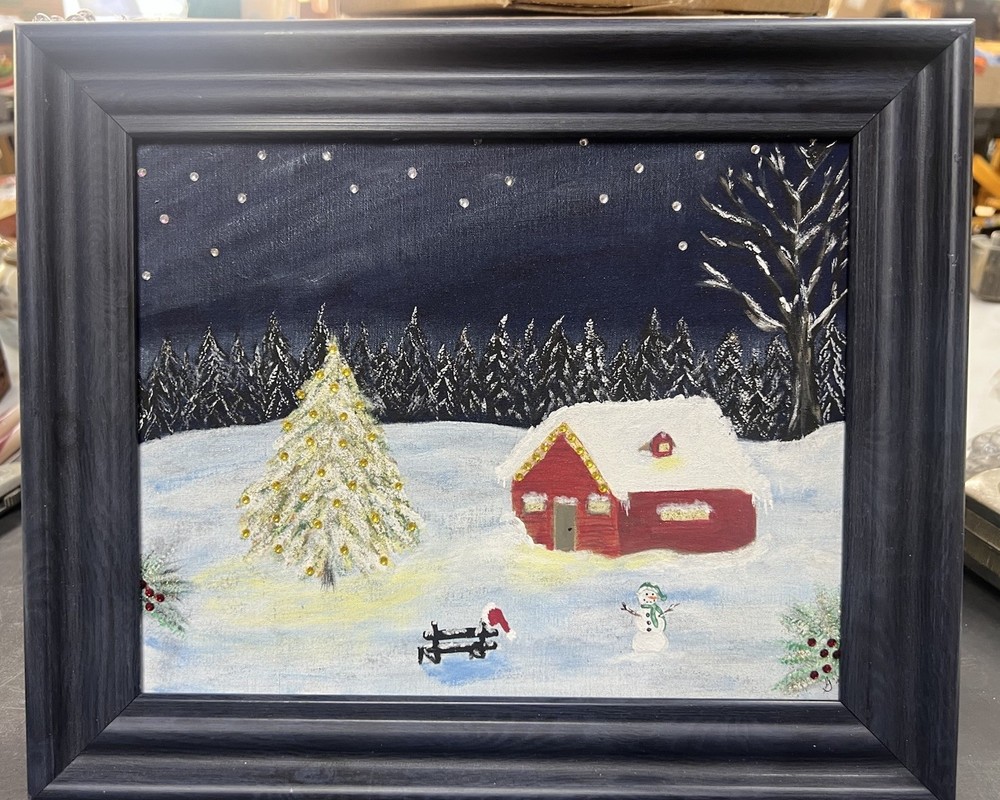 Karen Hammerschmidt Painting Winter Scene, Jewels Tree Snowman Canvas