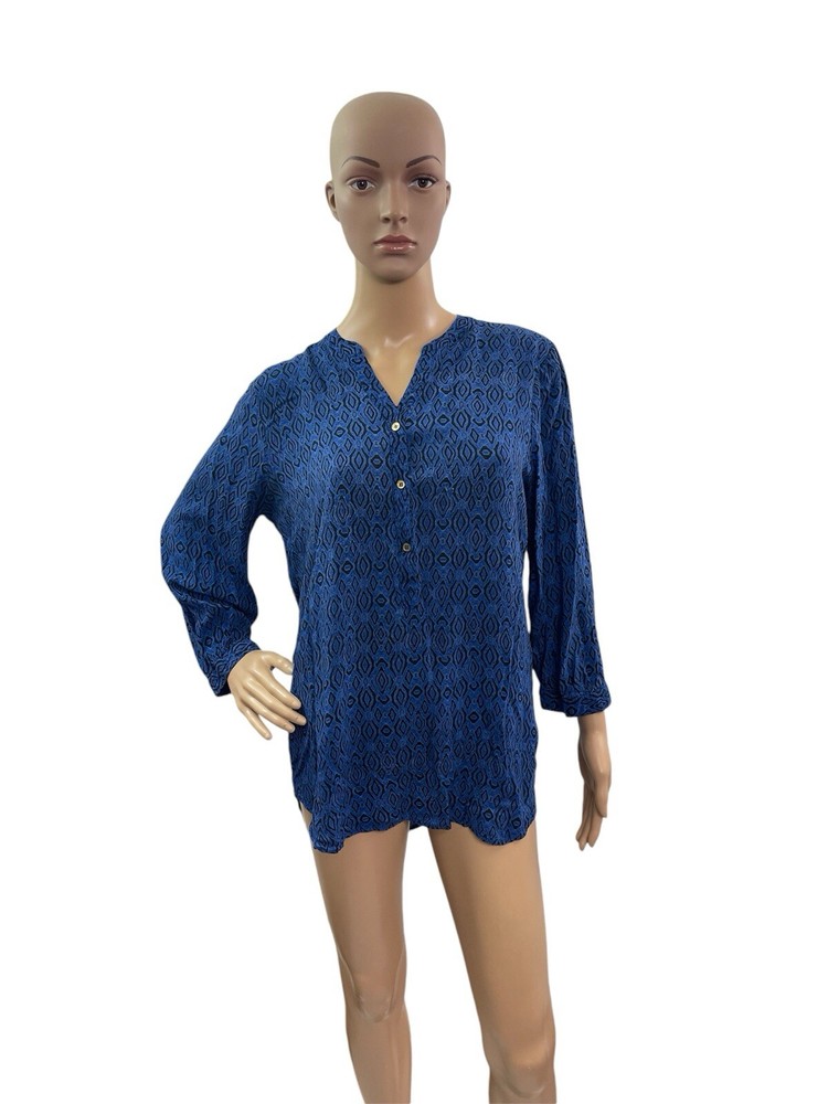 Grand And Greene Women’s Size M Long Sleeve Button V Neck Blue Black Blouse