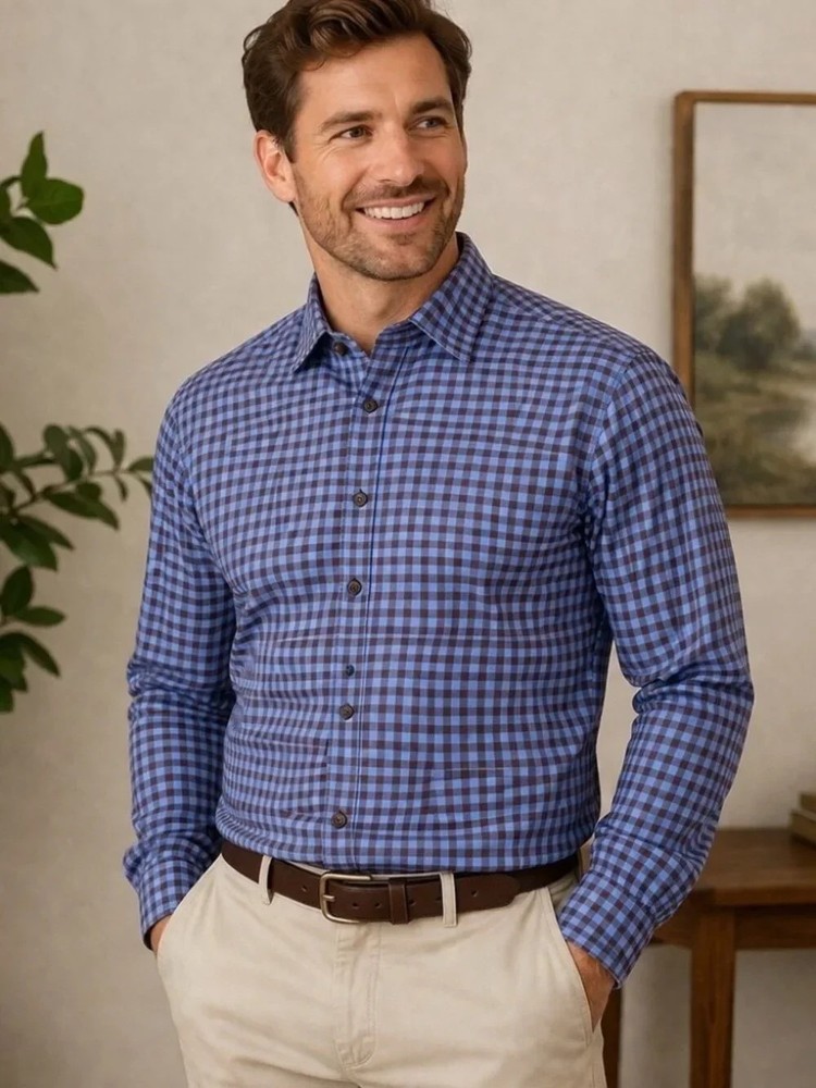Peter Millar Crown Sport Performance Shirt Men's L Gingham Blue Stretch