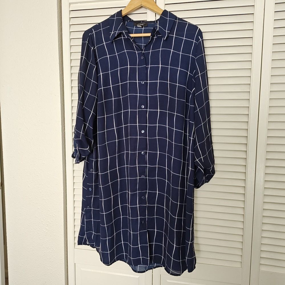 Alfani Women's 1X  Navy Blue Sheer Tunic Top Shirt Dress Button Up Geometric