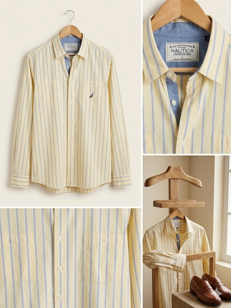 Nautica Shirt Mens Large L Yellow Blue Striped Button Up Long Sleeve Cotton