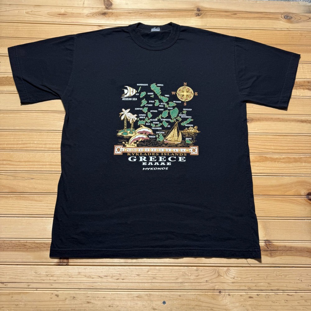 Vintage 90s Kyklades Islands Greece Mykonos Map Nautical Graphic T-Shirt - XL