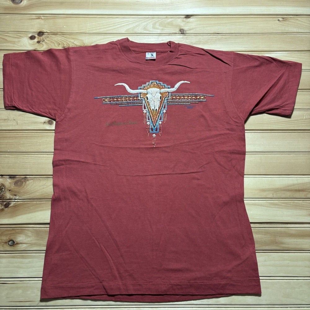 Vintage 90s San Antonio Texas Cow Skull Native Indian Graphic Shirt Size Large