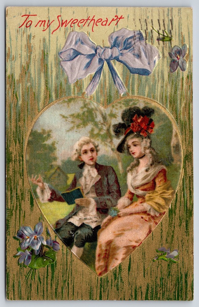 Holiday~Colonial Couple In Heart & Ribbon To My Sweetheart~Vintage Postcard