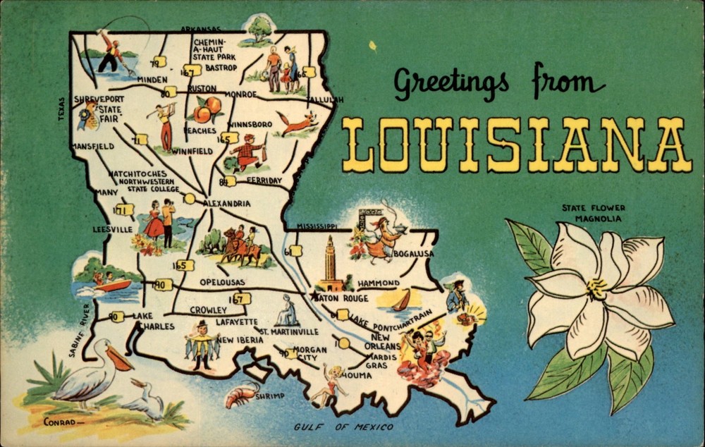Greetings From Louisiana Map vintage postcard c203
