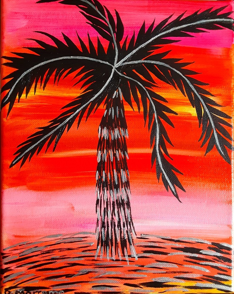 Abstract/ Realism; Pinkish Peach Cotton Candy Skies with swaying palm trees-image