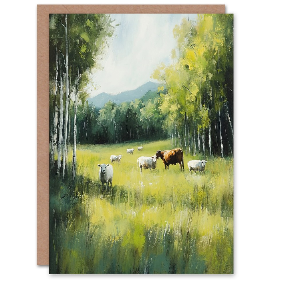 Sheep Cows Grazing Countryside Field Painting Birthday Greeting Card
