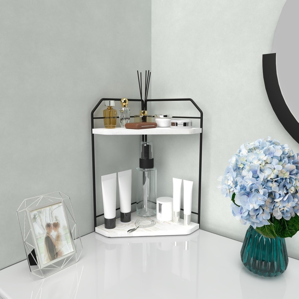 INIUNIK Corner Bathroom Counter Organizer - 2 Tier Wood Vanity Counter Shelf ...