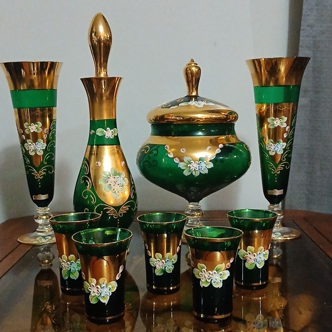 Victorian Glass Green Gold Floral Decanter Set with Stopper,