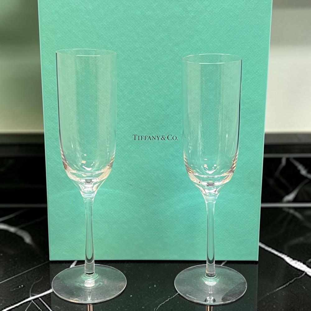 Tiffany & Co Crystal Champagne Flutes Set of 2 Toasting Glassesd W/Box VTG