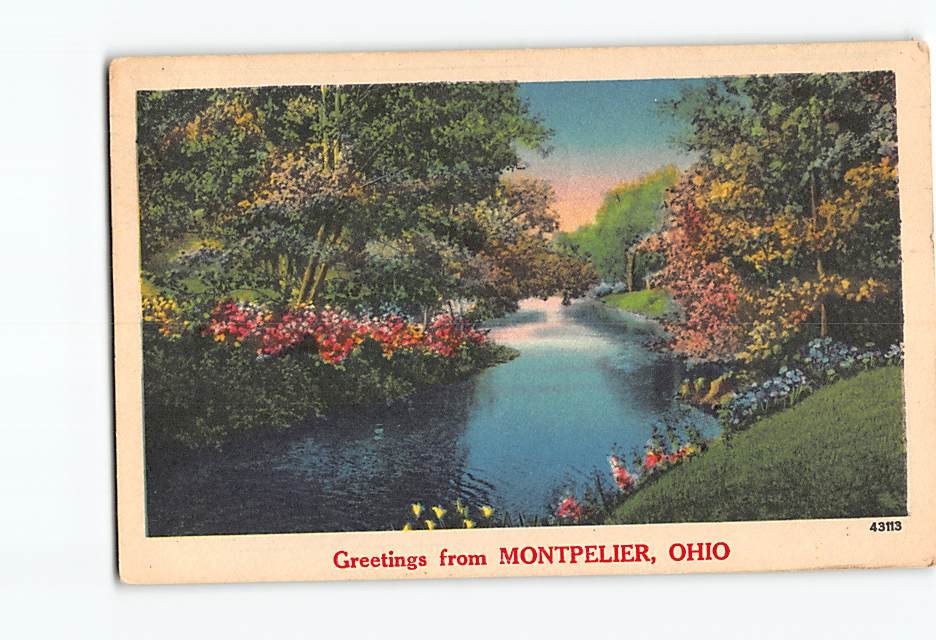 Postcard River Nature Scene Greetings from Montpelier Ohio USA