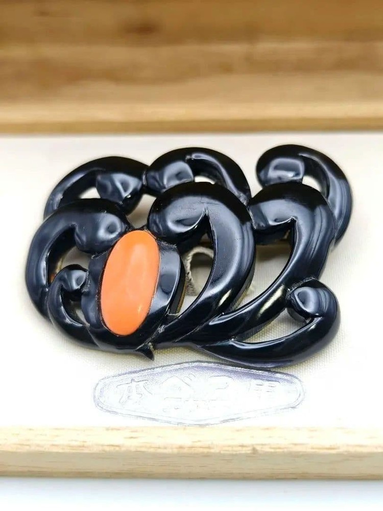 Genuine Black Tortoiseshell Brooch Coral Accents Master Carved Artisan Piece