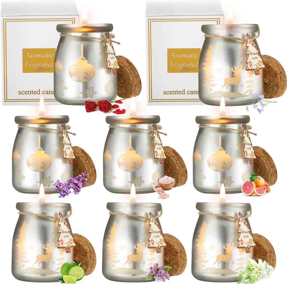 MTLEE 8 Pcs Christmas Scented Candles Gift Set frosted yellow, clear