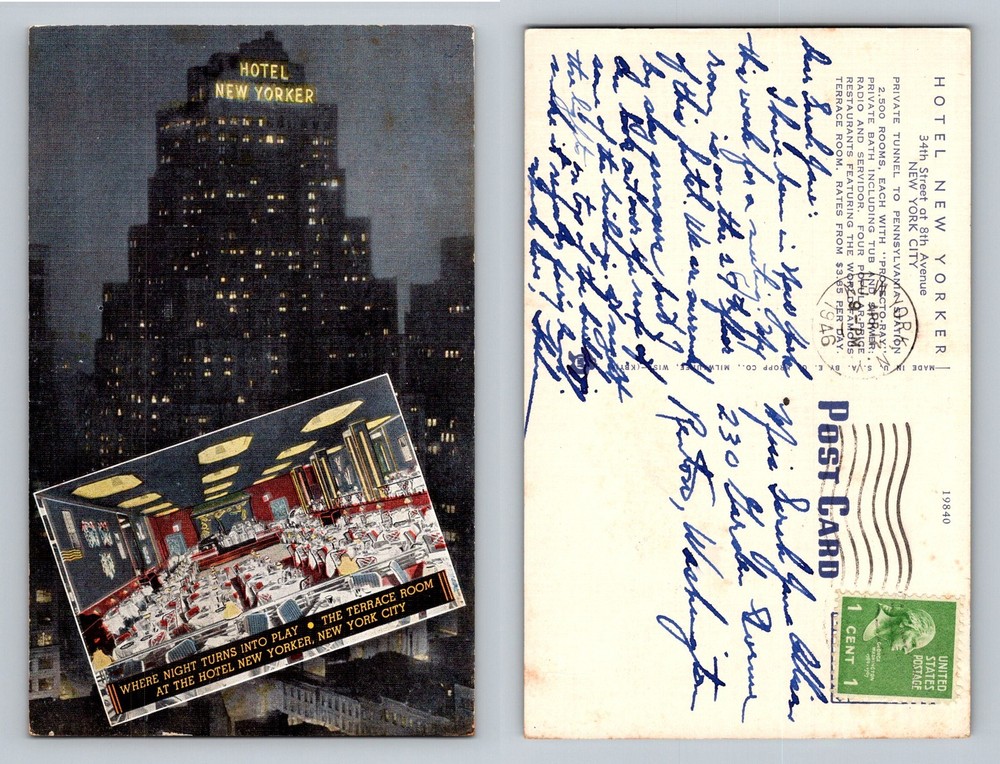 Hotel New Yorker, NY-New York, Night Skyline Terrace Room Vintage c1946 Postcard