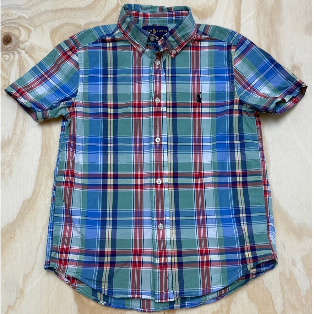 Ralph Lauren Boys Size 7 Plaid Short Sleeve Button Down Shirt Blue Green Red